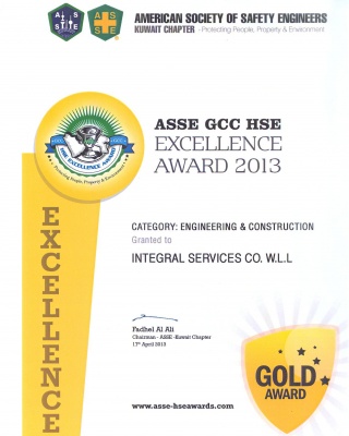 ASSE GCC HSE Excellence Award 2013 - ISCO - Integral Services Co. for Mechanical Contracting & Instrumentation WLL - Multi Disciplinary Contractor in Kuwait