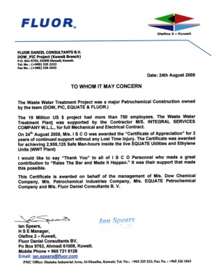 Appreciation Letter from Flour - ISCO - Integral Services Co. for Mechanical Contracting & Instrumentation WLL - Multi Disciplinary Contractor in Kuwait