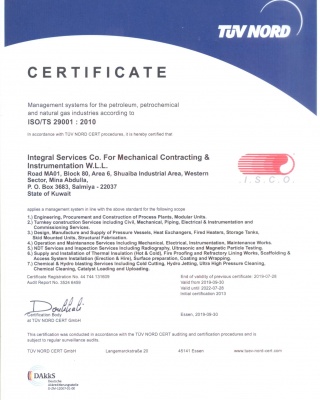 ISO_TS 29001-2010  - ISCO - Integral Services Co. for Mechanical Contracting & Instrumentation WLL - Multi Disciplinary Contractor in Kuwait