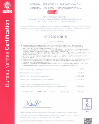 ISO 9001_2015 - ISCO - Integral Services Co. for Mechanical Contracting & Instrumentation WLL - Multi Disciplinary Contractor in Kuwait
