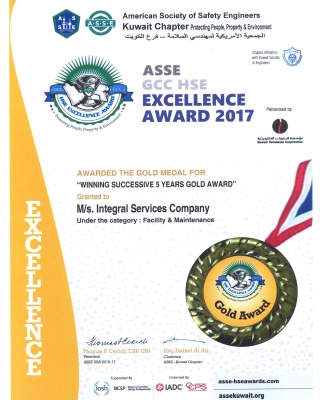 ASSE GCC HSE Excellence Award 2017 Gold Medal - ISCO - Integral Services Co. for Mechanical Contracting & Instrumentation WLL - Multi Disciplinary Contractor in Kuwait