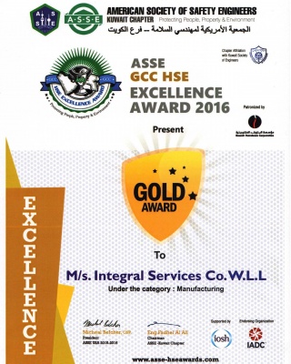 ASSE Gold Awards  2016  - ISCO - Integral Services Co. for Mechanical Contracting & Instrumentation WLL - Multi Disciplinary Contractor in Kuwait