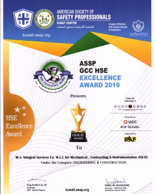 ASSP - GDP HSE Excellence Award 2019 - Engineering - ISCO - Integral Services Co. for Mechanical Contracting & Instrumentation WLL - Multi Disciplinary Contractor in Kuwait