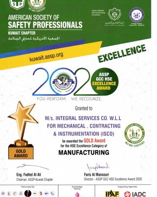 ASSE GCC HSE Excellence Award 2020 Manufacturing - ISCO - Integral Services Co. for Mechanical Contracting & Instrumentation WLL - Multi Disciplinary Contractor in Kuwait