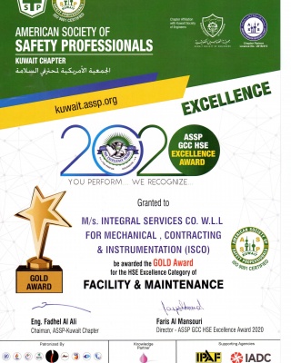 ASSE GCC HSE Excellence Award 2020 Facility and Maintenance  - ISCO - Integral Services Co. for Mechanical Contracting & Instrumentation WLL - Multi Disciplinary Contractor in Kuwait