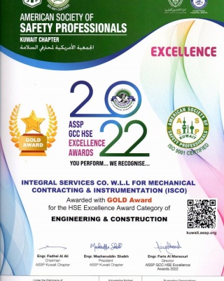 ASSP GCC Award 2022 Engineering & Construction  - ISCO - Integral Services Co. for Mechanical Contracting & Instrumentation WLL - Multi Disciplinary Contractor in Kuwait