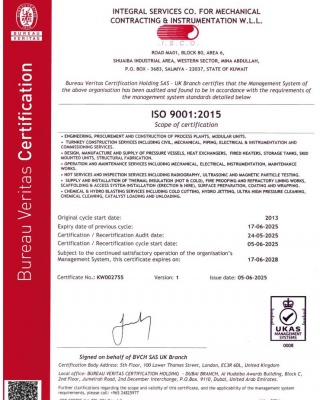 ISO 9001_2015 - ISCO - Integral Services Co. for Mechanical Contracting & Instrumentation WLL - Multi Disciplinary Contractor in Kuwait