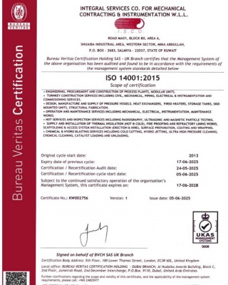 ISO 14001_2015 - ISCO - Integral Services Co. for Mechanical Contracting & Instrumentation WLL - Multi Disciplinary Contractor in Kuwait