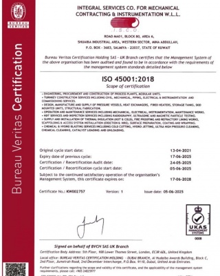 ISO 45001:2018 - ISCO - Integral Services Co. for Mechanical Contracting & Instrumentation WLL - Multi Disciplinary Contractor in Kuwait