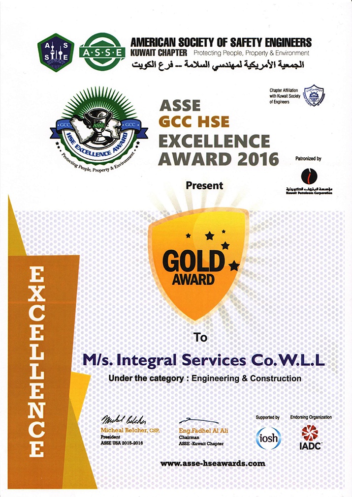 ASSE GCC HSE Excellence Awards 2016 - ISCO - Mechanical Contracting & Instrumentation WLL - Multi Disciplinary Contractor in Kuwait