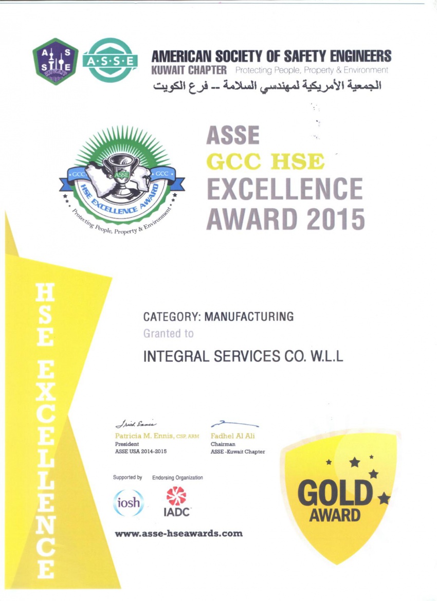 ASSE GCC HSE Excellence Award 2015 - ISCO - Mechanical Contracting & Instrumentation WLL - Multi Disciplinary Contractor in Kuwait